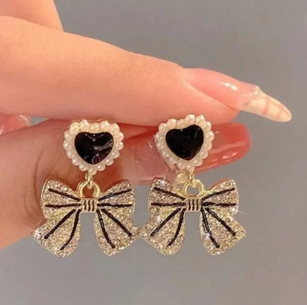 Crystal Enamel Heart Bowknot Drop Earrings (E065)