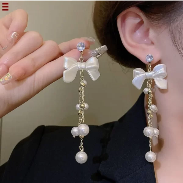 Elegant Bow & White Pearls Dangler Drop Earrings (E108)