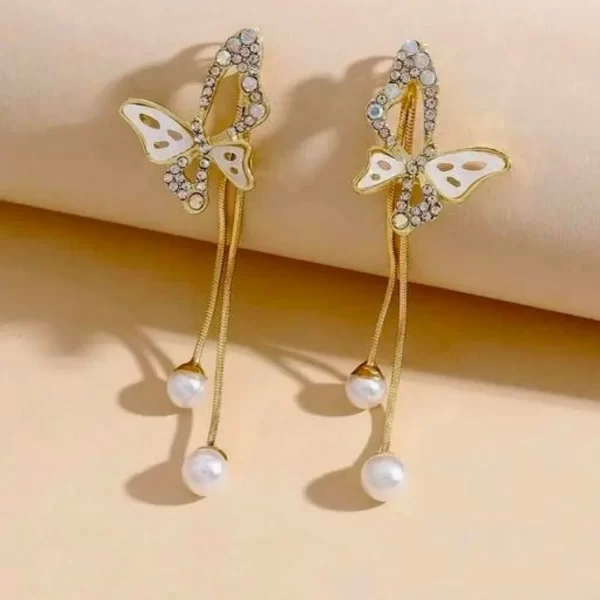 Butterfly Tassel Dangle Earrings With Pearl (E152)