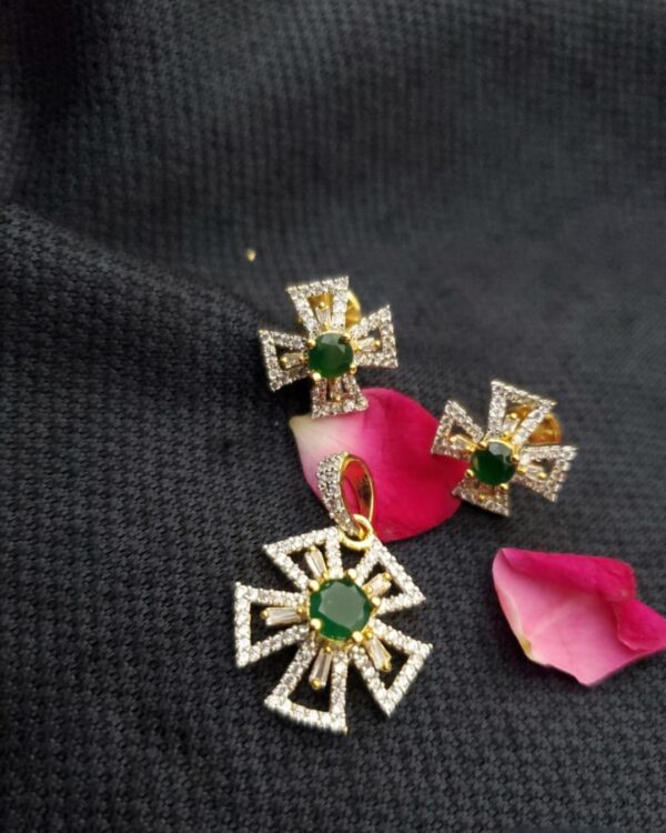 Gold Plated Green Colored AD Pendant With Earrings (P017)
