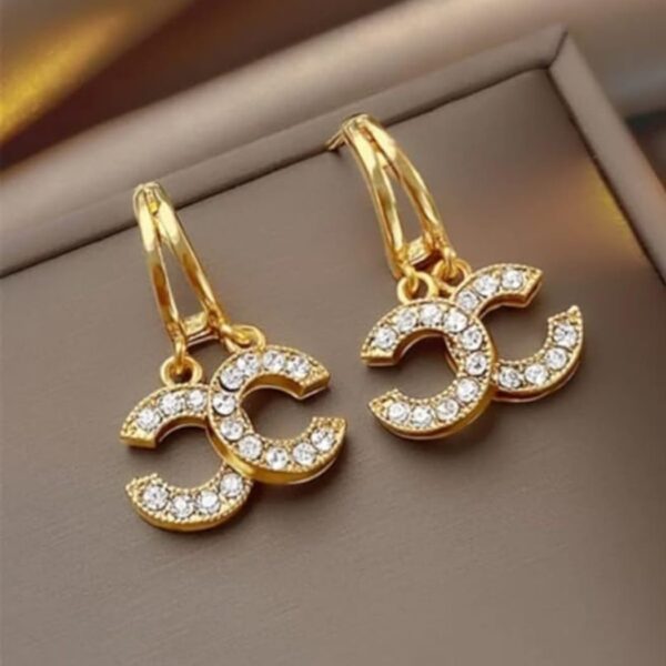 Gold Crystal-Embellished Double C Drop Earrings (E201)