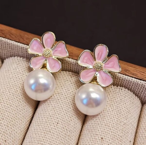 Pink Enamel Petal Flower Pearl Stud Earrings (E206)